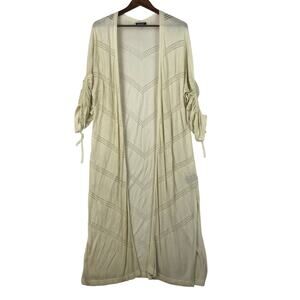 Dear John Long Knit Cardigan Sweater Womens XL Beige Open Front Ruched Sleeves
